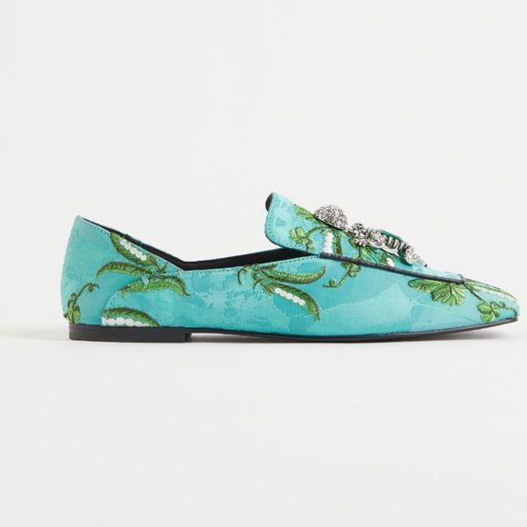 IRIS APFEL for H&M Turquoise Embellished Brocade Slippers Loafers - Picture 4 of 7